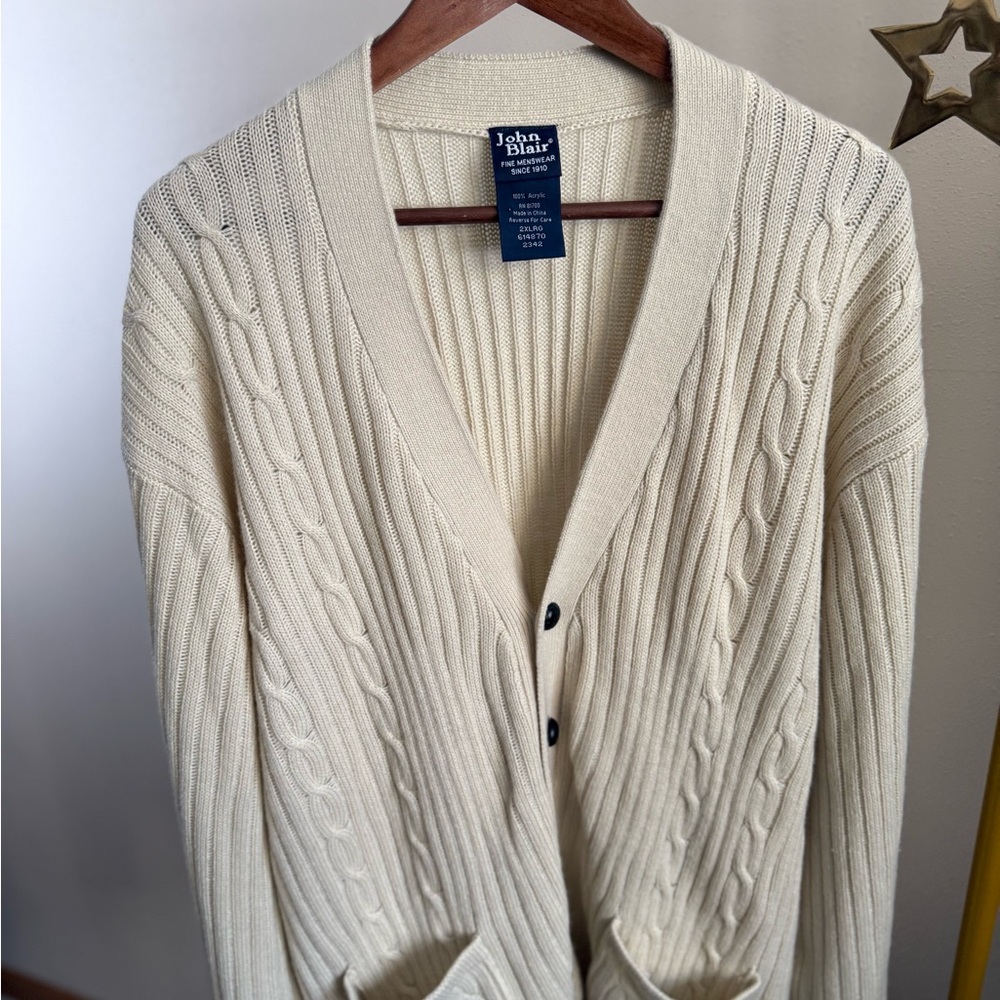 Vintage John Blair Cable Knit Cardigan Sweater Cream Button Front Men’s 2X